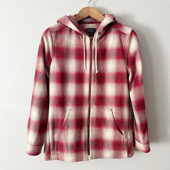 Pendleton Virgin Wool Red Plaid Boyfriend Zip Up Hoodie Women's Size Medium - Picture 1 of 13